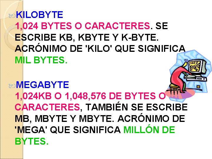 KILOBYTE 1, 024 BYTES O CARACTERES. SE ESCRIBE KB, KBYTE Y K-BYTE. ACRÓNIMO KILOBYTE 1, 024 BYTES O CARACTERES. SE ESCRIBE KB, KBYTE Y K-BYTE. ACRÓNIMO