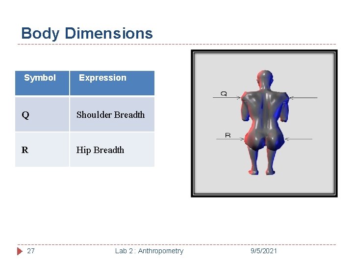 Body Dimensions Symbol Expression Q Shoulder Breadth R Hip Breadth 27 Lab 2 :