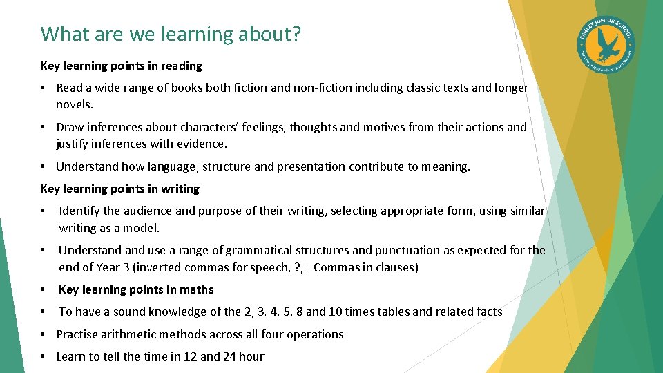 What are we learning about? Key learning points in reading • Read a wide