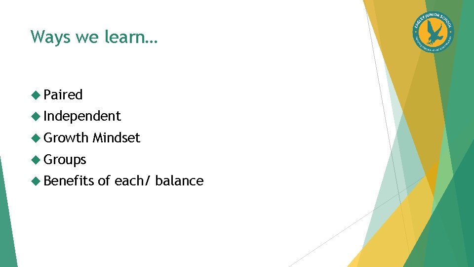 Ways we learn… Paired Independent Growth Mindset Groups Benefits of each/ balance 