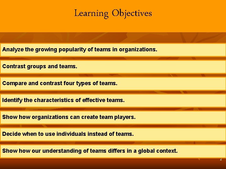 Learning Objectives Analyze the growing popularity of teams in organizations. Contrast groups and teams.