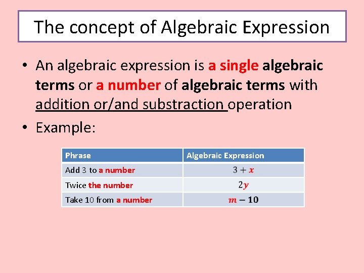 The concept of Algebraic Expression • An algebraic expression is a single algebraic terms