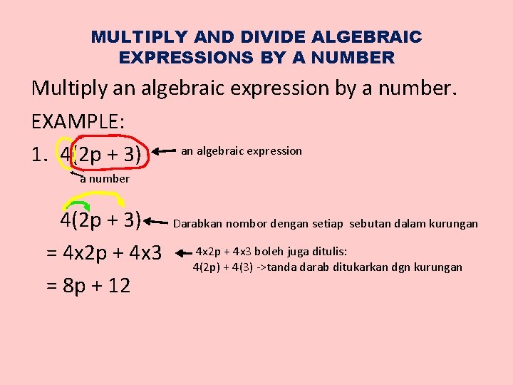 MULTIPLY AND DIVIDE ALGEBRAIC EXPRESSIONS BY A NUMBER Multiply an algebraic expression by a