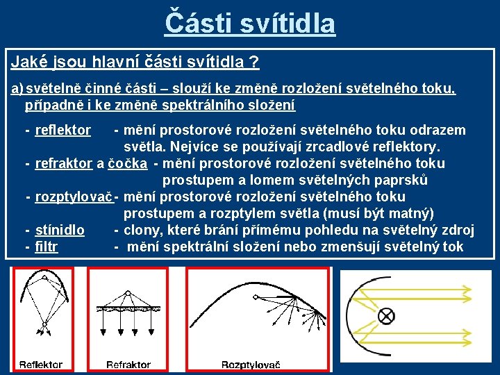 Části svítidla Jaké jsou hlavní části svítidla ? a) světelně činné části – slouží