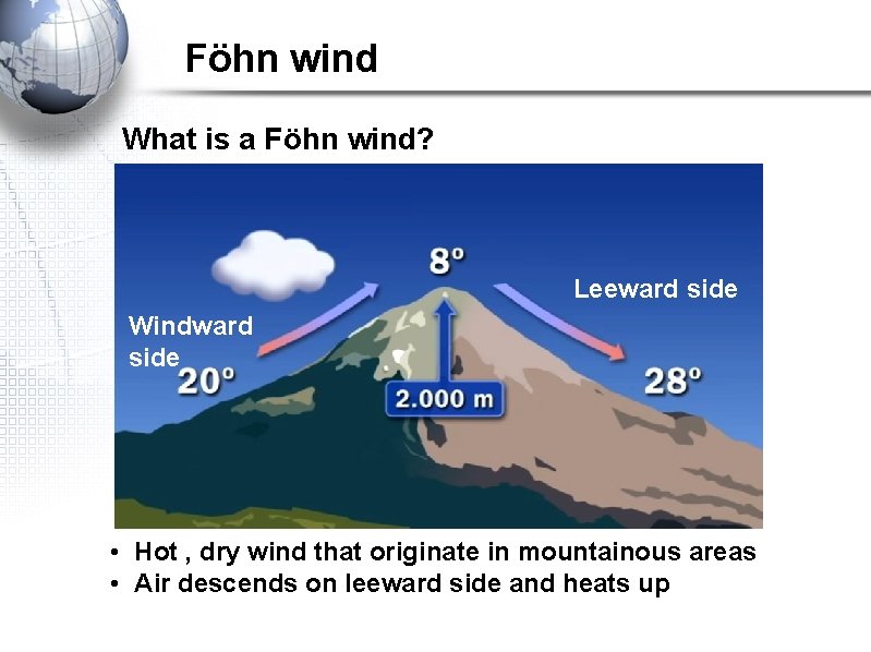 Föhn wind What is a Föhn wind? Leeward side Windward side • Hot ,
