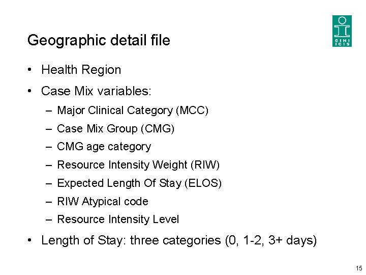 Geographic detail file • Health Region • Case Mix variables: – Major Clinical Category