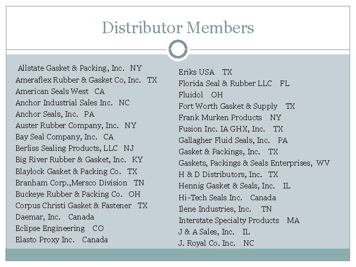 Distributor Members Allstate Gasket & Packing, Inc. NY Ameraflex Rubber & Gasket Co, Inc.