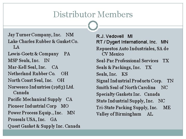 Distributor Members Jay Turner Company, Inc. NM Lake Charles Rubber & Gasket Co. LA