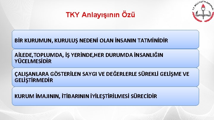 TKY Anlayışının Özü BİR KURUMUN, KURULUŞ NEDENİ OLAN İNSANIN TATMİNİDİR AİLEDE, TOPLUMDA, İŞ YERİNDE,