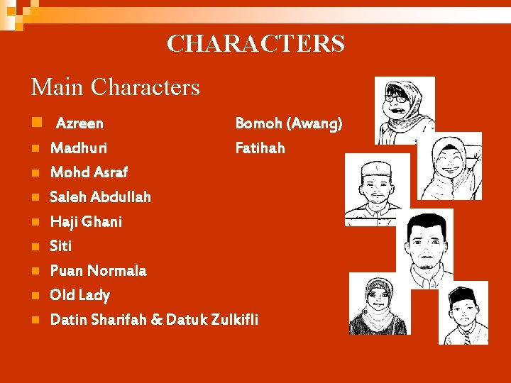 CHARACTERS Main Characters n Azreen Bomoh (Awang) n Madhuri Fatihah n Mohd Asraf n