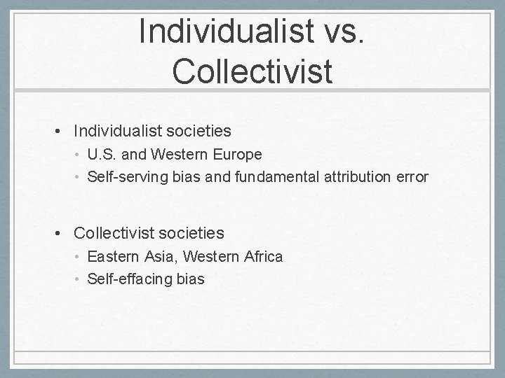 Individualist vs. Collectivist • Individualist societies • U. S. and Western Europe • Self-serving