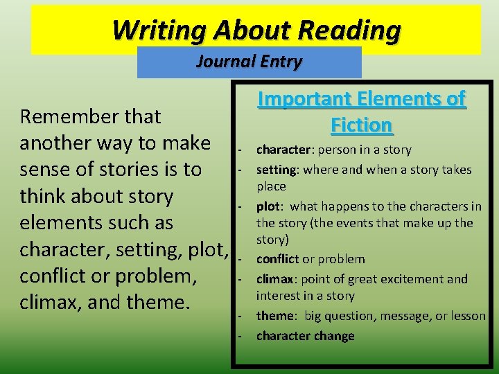 Writing About Reading Journal Entry Remember that another way to make sense of stories