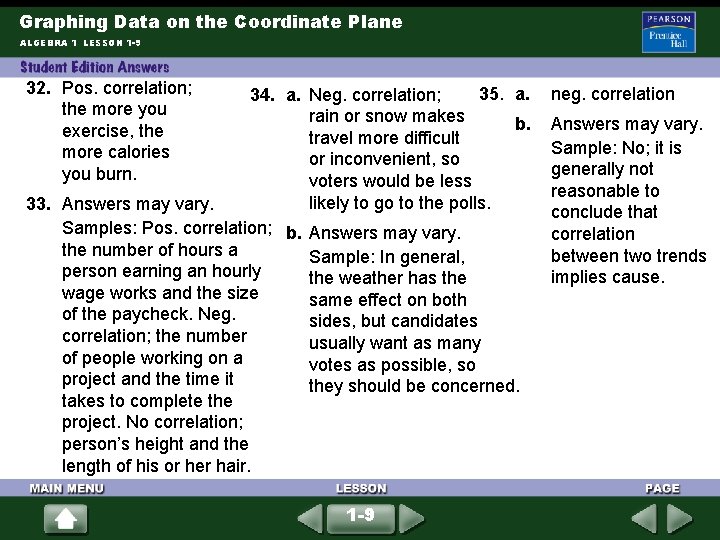 Graphing Data on the Coordinate Plane ALGEBRA 1 LESSON 1 -9 32. Pos. correlation; Graphing Data on the Coordinate Plane ALGEBRA 1 LESSON 1 -9 32. Pos. correlation;