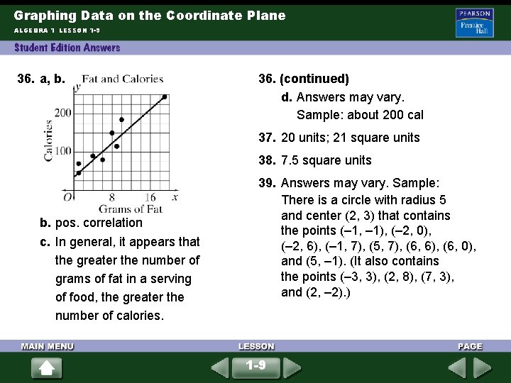 Graphing Data on the Coordinate Plane ALGEBRA 1 LESSON 1 -9 36. a, b. Graphing Data on the Coordinate Plane ALGEBRA 1 LESSON 1 -9 36. a, b.