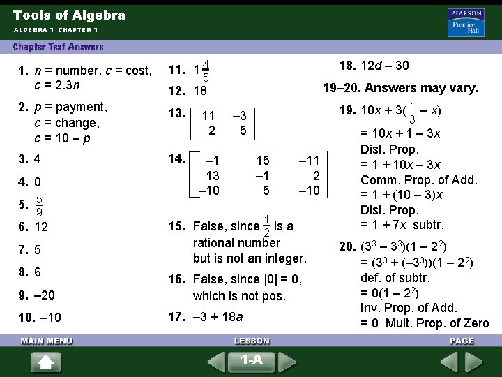 Tools of Algebra ALGEBRA 1 CHAPTER 1 1. n = number, c = cost, Tools of Algebra ALGEBRA 1 CHAPTER 1 1. n = number, c = cost,