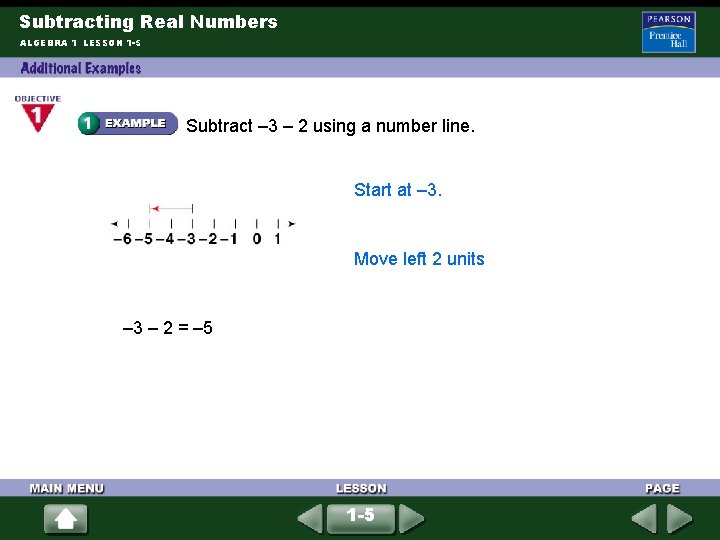 Subtracting Real Numbers ALGEBRA 1 LESSON 1 -5 Subtract – 3 – 2 using Subtracting Real Numbers ALGEBRA 1 LESSON 1 -5 Subtract – 3 – 2 using