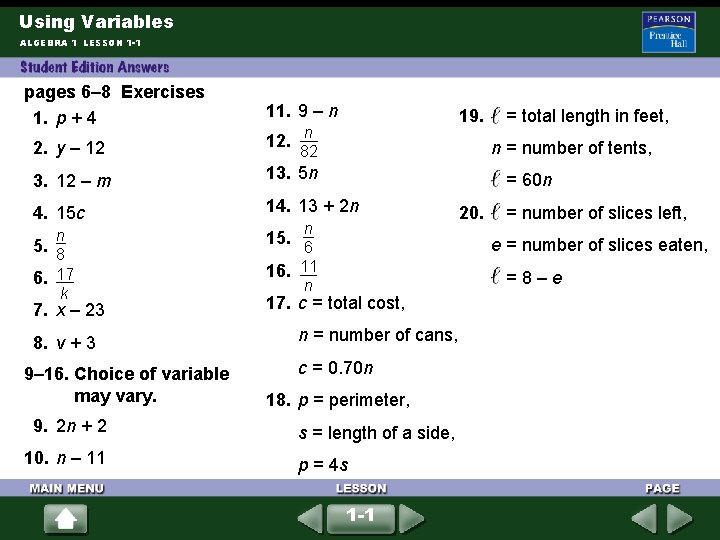 Using Variables ALGEBRA 1 LESSON 1 -1 pages 6– 8 Exercises 1. p + Using Variables ALGEBRA 1 LESSON 1 -1 pages 6– 8 Exercises 1. p +