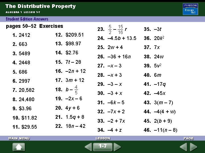 The Distributive Property ALGEBRA 1 LESSON 1 -7 pages 50– 52 Exercises 1. 2412 The Distributive Property ALGEBRA 1 LESSON 1 -7 pages 50– 52 Exercises 1. 2412