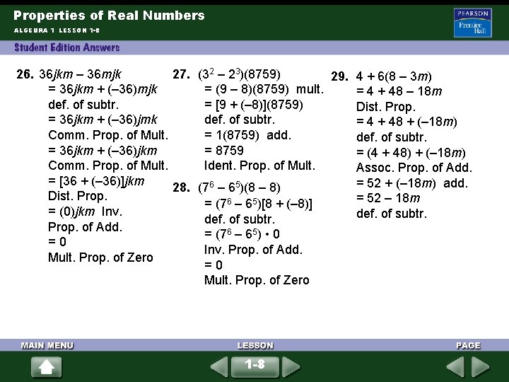 Properties of Real Numbers ALGEBRA 1 LESSON 1 -8 26. 36 jkm – 36 Properties of Real Numbers ALGEBRA 1 LESSON 1 -8 26. 36 jkm – 36