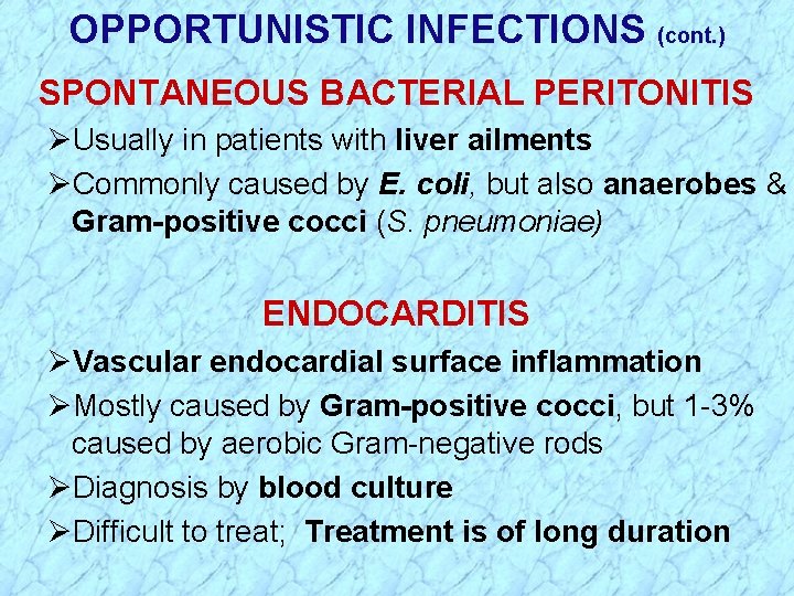 OPPORTUNISTIC INFECTIONS (cont. ) SPONTANEOUS BACTERIAL PERITONITIS ØUsually in patients with liver ailments ØCommonly