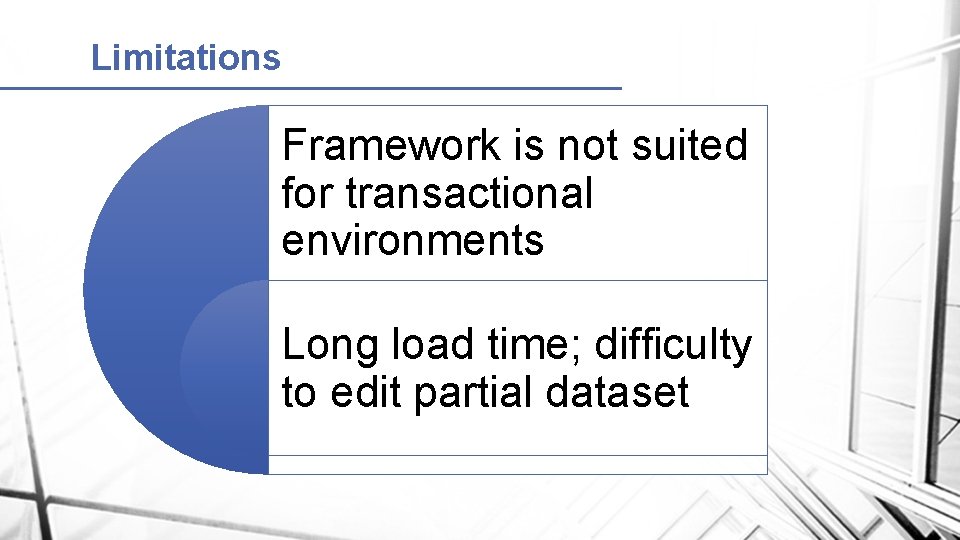 Limitations Framework is not suited for transactional environments Long load time; difficulty to edit