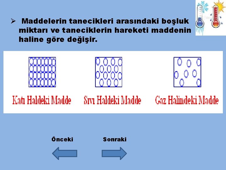 Ø Maddelerin tanecikleri arasındaki boşluk miktarı ve taneciklerin hareketi maddenin haline göre değişir. Önceki