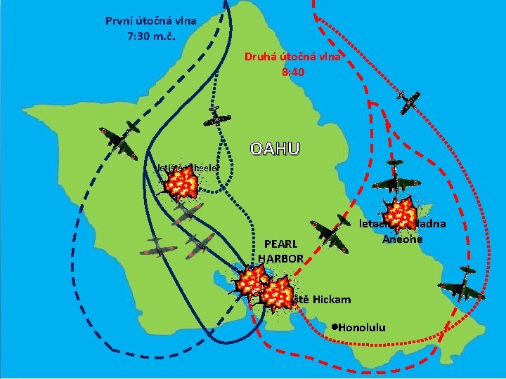 První útočná vlna 7: 30 m. č. Druhá útočná vlna 8: 40 OAHU letiště