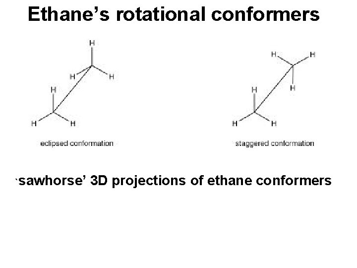 Ethane’s rotational conformers `sawhorse’ 3 D projections of ethane conformers Ethane’s rotational conformers `sawhorse’ 3 D projections of ethane conformers