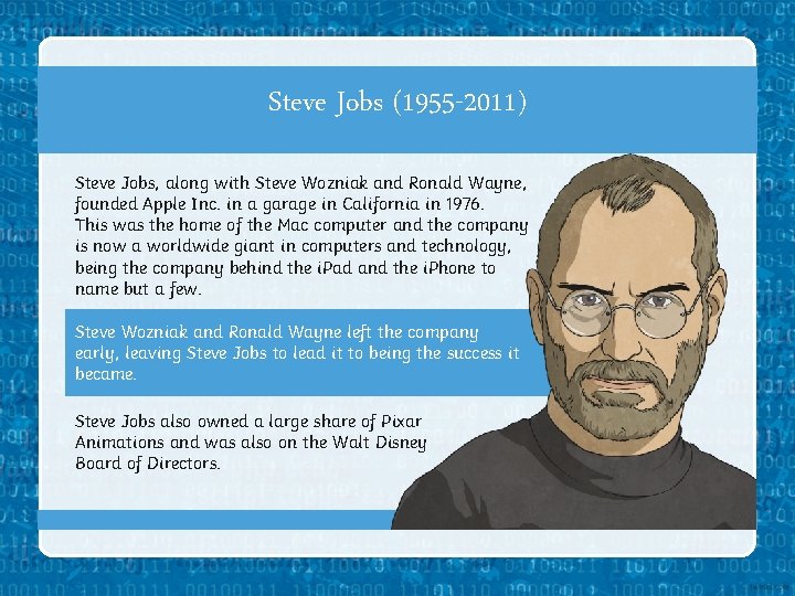 Steve Jobs (1955 -2011) Steve Jobs, along with Steve Wozniak and Ronald Wayne, founded