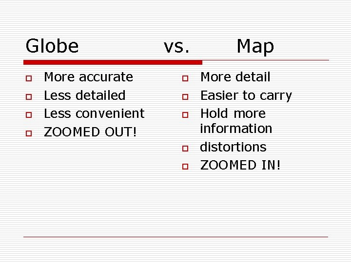 Globe o o More accurate Less detailed Less convenient ZOOMED OUT! vs. o o