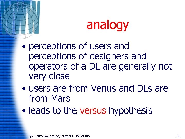 analogy • perceptions of users and perceptions of designers and operators of a DL