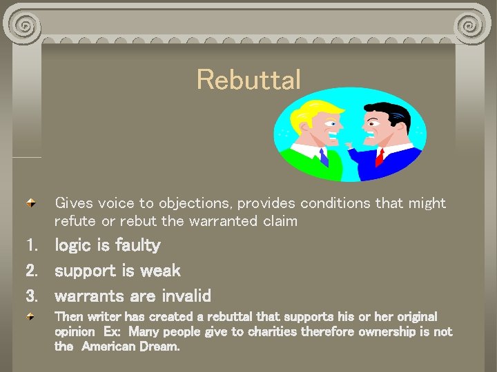 Rebuttal Gives voice to objections, provides conditions that might refute or rebut the warranted