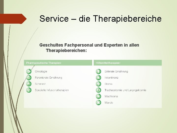 Service – die Therapiebereiche Geschultes Fachpersonal und Experten in allen Therapiebereichen: 