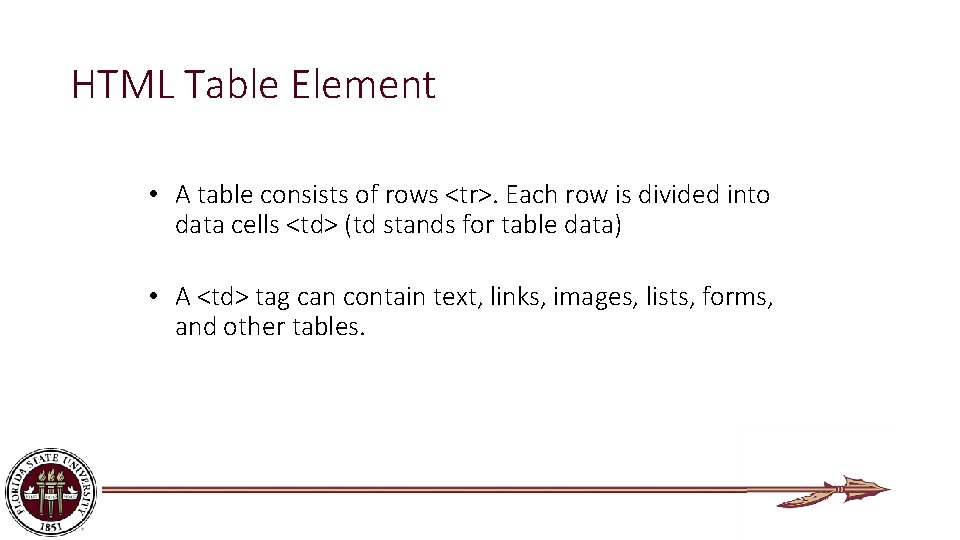 HTML Table Element • A table consists of rows <tr>. Each row is divided