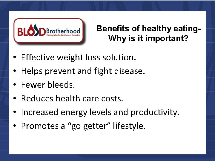Benefits of healthy eating. Why is it important? • • • Effective weight loss