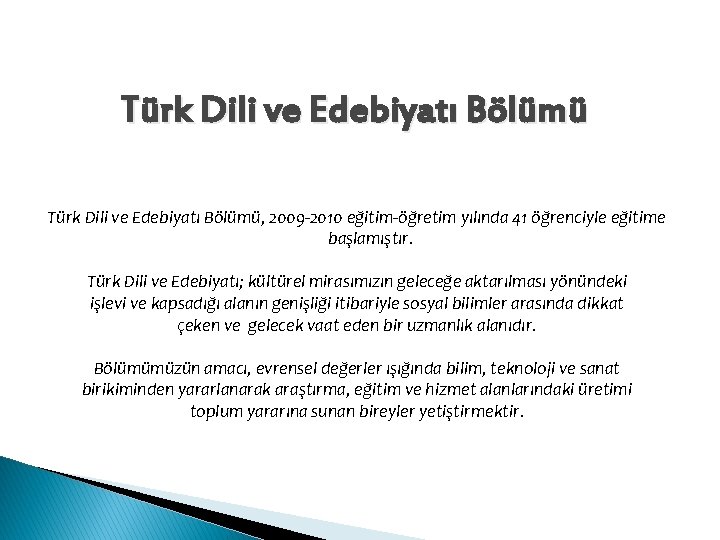 Türk Dili ve Edebiyatı Bölümü, 2009 -2010 eğitim-öğretim yılında 41 öğrenciyle eğitime başlamıştır. Türk