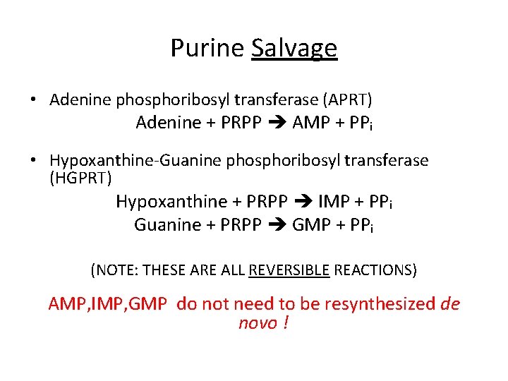 Purine Salvage • Adenine phosphoribosyl transferase (APRT) Adenine + PRPP AMP + PPi •