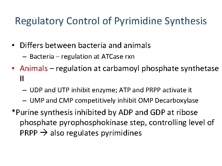 Regulatory Control of Pyrimidine Synthesis • Differs between bacteria and animals – Bacteria –