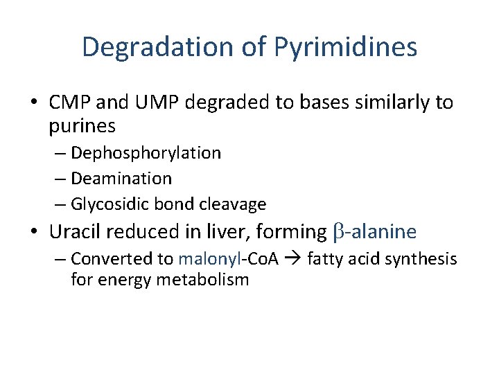 Degradation of Pyrimidines • CMP and UMP degraded to bases similarly to purines –