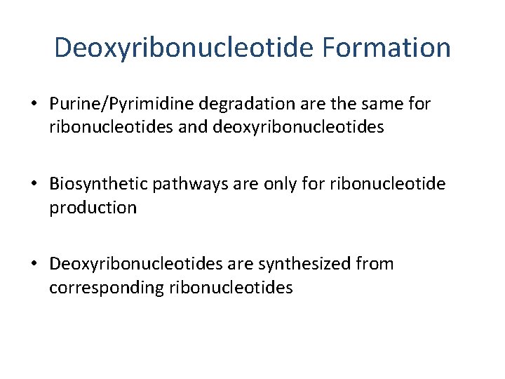 Deoxyribonucleotide Formation • Purine/Pyrimidine degradation are the same for ribonucleotides and deoxyribonucleotides • Biosynthetic