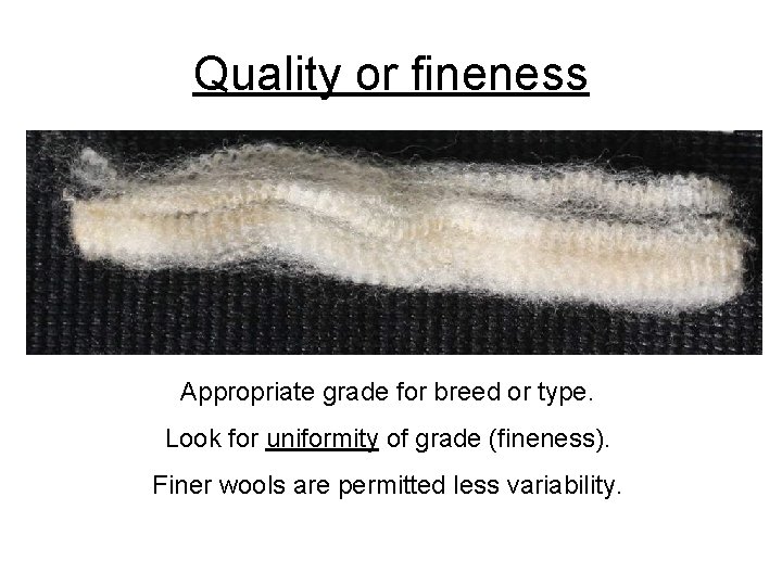 Quality or fineness Appropriate grade for breed or type. Look for uniformity of grade