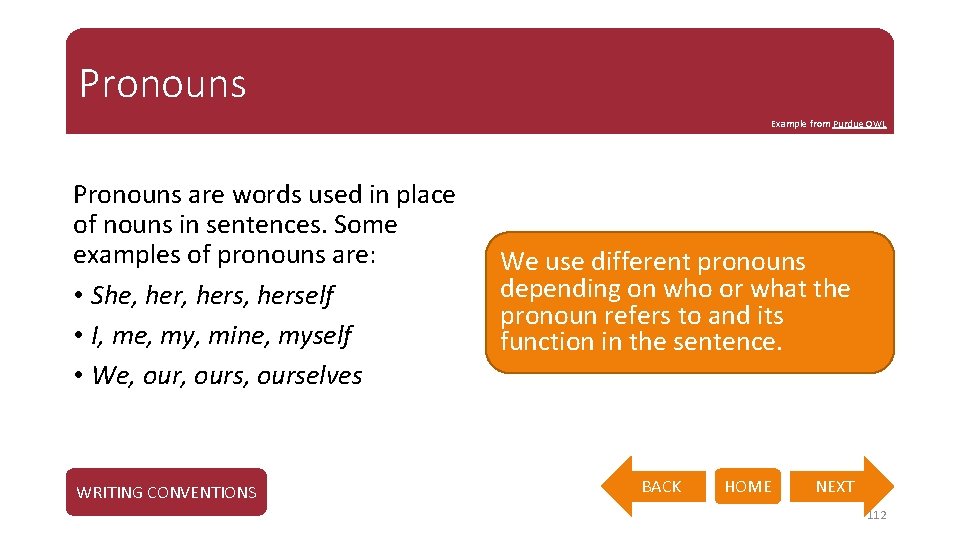 Pronouns Example from Purdue OWL Pronouns are words used in place of nouns in