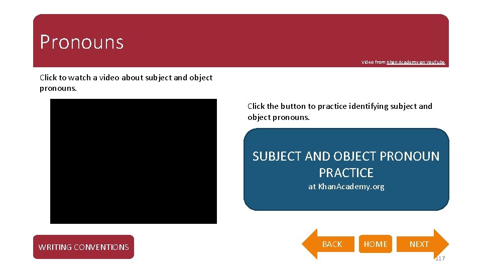 Pronouns Video from Khan Academy on You. Tube Click to watch a video about