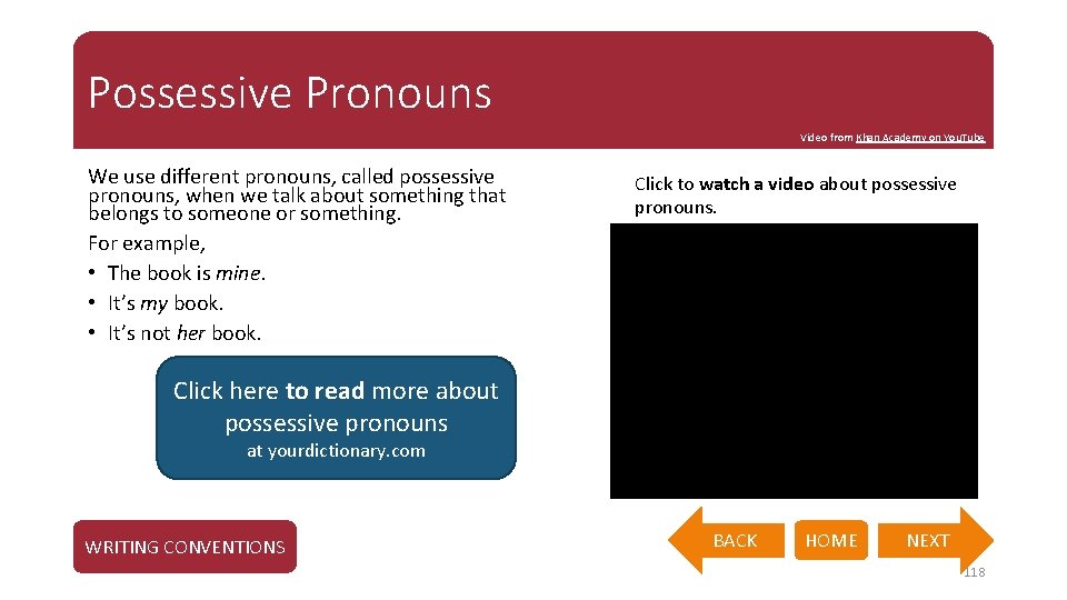 Possessive Pronouns Video from Khan Academy on You. Tube We use different pronouns, called