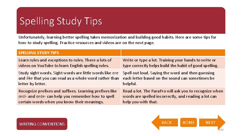 Spelling Study Tips Unfortunately, learning better spelling takes memorization and building good habits. Here