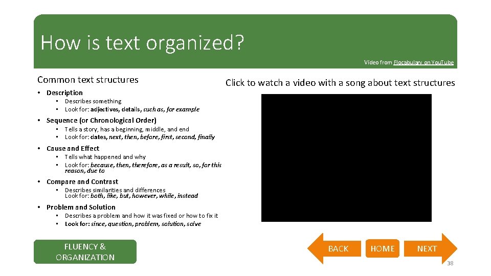 How is text organized? Video from Flocabulary on You. Tube Common text structures •