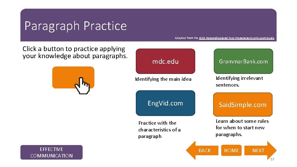 Paragraph Practice Adapted from the ICCB Paraprofessional Test Preparation Curriculum Guide Click a button