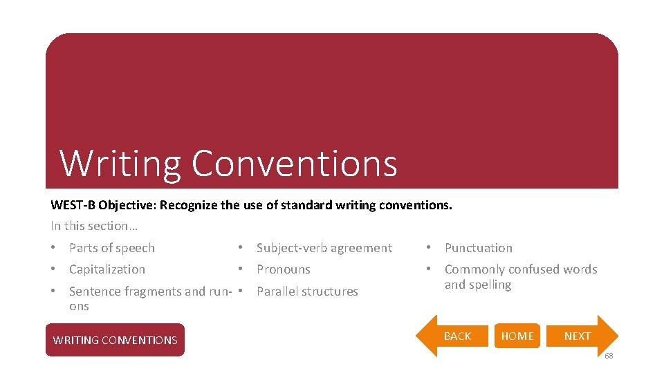 Writing Conventions WEST-B Objective: Recognize the use of standard writing conventions. In this section…