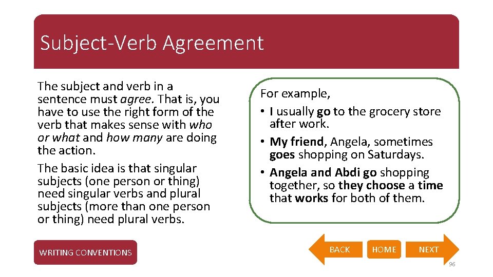 Subject-Verb Agreement The subject and verb in a sentence must agree. That is, you