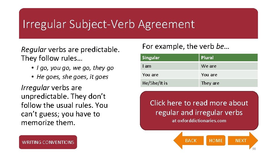 Irregular Subject-Verb Agreement Regular verbs are predictable. They follow rules… • I go, you